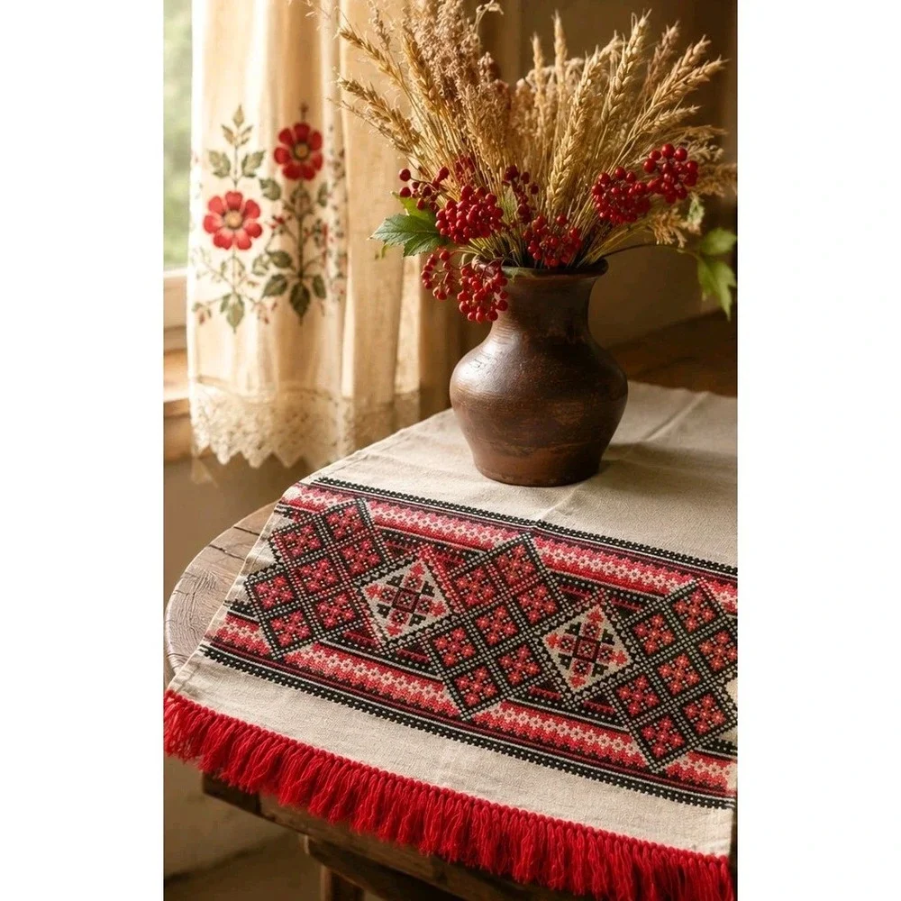 Vintage Ukrainian Rushnyk Embroidered Linen Towel, Red & Black Cross-Stitch Art